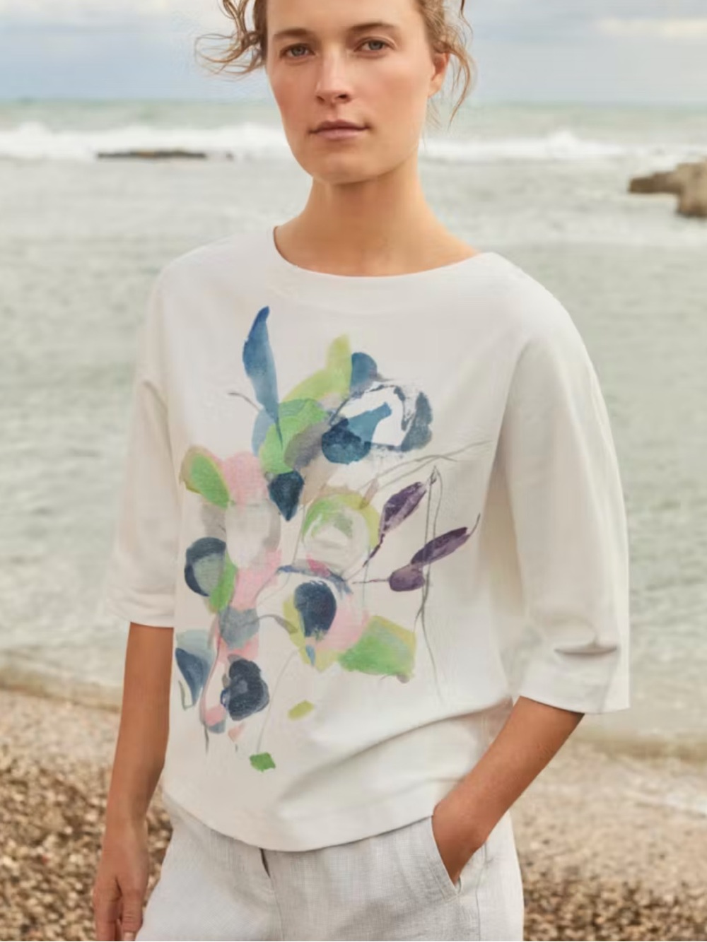 Poetry Printed Organic Cotton Boatneck Top with Watercolor Floral Motif